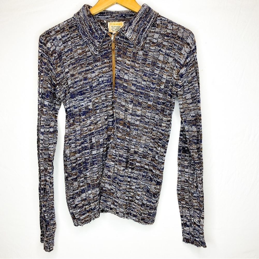 Vintage Pellini Imports Knit Sweater Blue Tan Marled Half Zip M